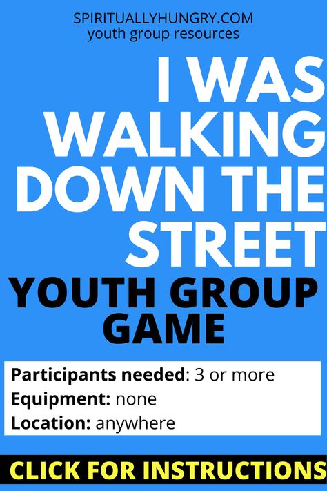 The classic improvisation game I was walking down the street is perfect for any youth group gathering, either as an ice breaker or the main event game! via @alexiswaid Middle School Sunday School Games, Lock In Games Youth, Games For Middle Schoolers Group, Church Lock In Ideas Youth, Youth Church Activities, Church Games For Youth, Games For Youth Groups Church, Youth Night Ideas Church, Games For Meetings