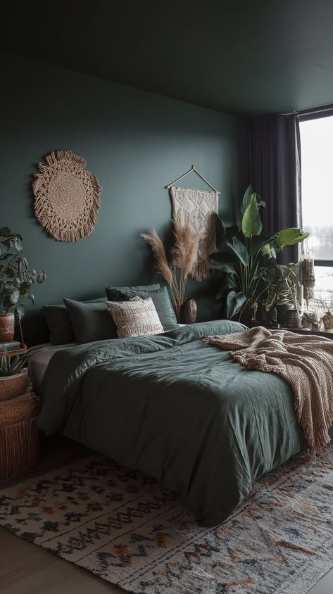 40+ Inviting Dark Green Bedroom Ideas to Create a Warm and Cozy Space Peacock Green Bedroom Ideas, Emerald Green Room Ideas Bedroom, Dark Green And Black Bedroom, Dark Green Bedrooms, Emerald Green Rooms, Green And Black Bedroom, Dark Green Bedroom Ideas, Green Room Ideas Bedroom, Emerald Green Bedrooms