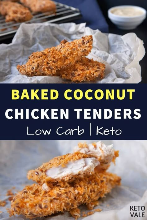 Keto Coconut Chicken, Chicken Tenders Low Carb, Coconut Chicken Tenders, Baked Coconut, Low Oxalate, Low Carb Recipe, Resep Diet, Coconut Chicken, Recetas Keto