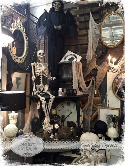 **My Desert Cottage**: Sweet Salvage- Rustic Remains Witch Booth Display, Halloween Store Display, Dark Maximalism, Desert Cottage, Halloween Antiques, Scary Tales, Classy Halloween Decor, Halloween Mantel, Halloween Queen