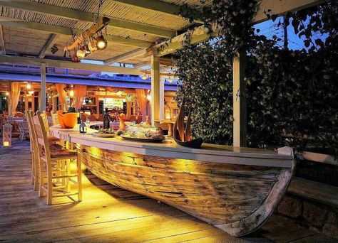 Greek seafood tavern in Crete, Greece! Boat Bar Ideas, Beach Restaurant Design, Boat Restaurant, Boat Furniture, Boat Bar, Living Pool, Greek Decor, Tiki Bar Decor, Boat Decor