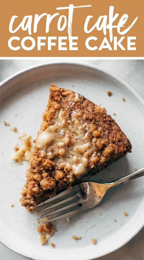 Carrot Cake Coffee Cake! A super easy batter loaded with shredded carrots, topped with a thick crumbly cinnamony streusel, and finished with a melty sweet honey butter. #carrotcake #coffeecake #dessert Crumb Cakes, Cake Coffee, Coffee Cake Recipe, Shredded Carrots, Coffee Cakes, Coffee Cake Recipes, Honey Butter, Sauce Tomate, Breakfast Breads