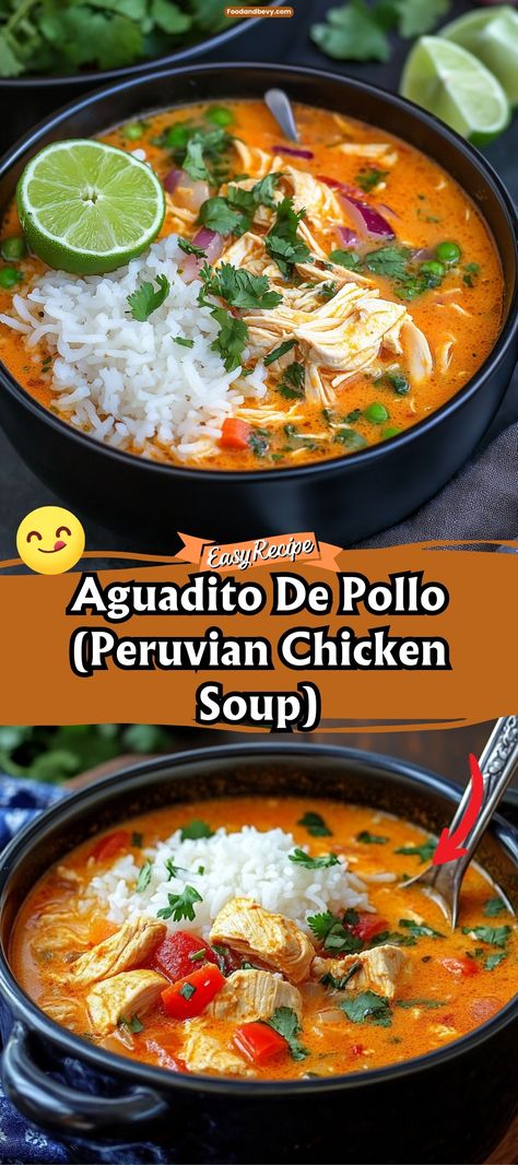 Experience the vibrant flavors of Peru with Aguadito de Pollo, a traditional Peruvian chicken soup known for its rich, hearty qualities. This soup is loaded with chicken, rice, cilantro, and a variety of vegetables, making it a nutritious and comforting meal, especially during cold weather. #PeruvianCuisine #ChickenSoup #AguaditoDePollo Peruvian Minestrone Soup, Peruvian Style Chicken, Peruvian Chicken Stew, Purvian Chicken Recipes, Cold Weather Chicken Recipes, Mexican Chicken Soup With Rice, Peruvian Chicken And Rice, Peruvian Soup, Spanish Chicken Soup