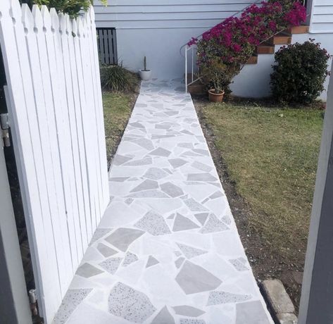 Crazy Paving Pathway, Crazy Pavers Patio, Crazy Paving Ideas, Tile Pathway, Outdoor Tiling, Crazy Pave, Garage Tiles, Real Estate Fun, Family Backyard