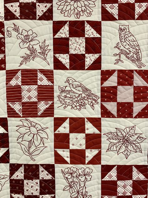 Redwork Quilts, Redwork Quilt, Black Quilts, Quilt Panels, Shoo Fly, White Quilts, Red And White Quilts, Feather Stitch, Moda Fabric