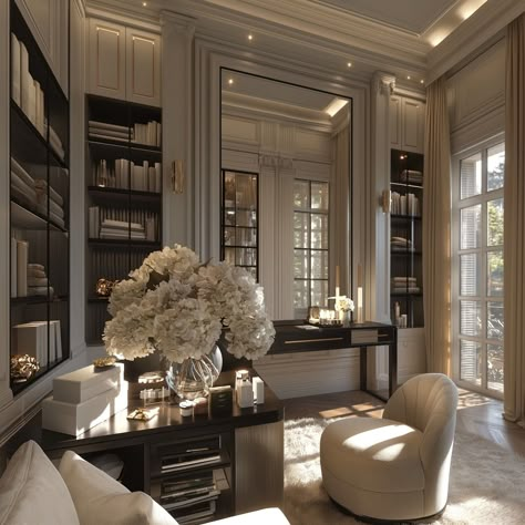 Instagram Office Interior Design Luxury Classic, Paris Aesthetic House Interior, Classical Architecture Apartment, Classic Office Design Luxury, Neoclassical Interior Apartment, Haussmann Interior Paris Apartments, Neoclassical Interior, Front Office, Dream Life House