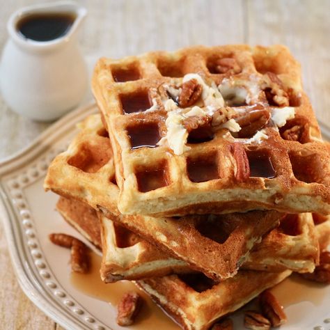 Pecan-Ricotta Waffles for breakfast, brunch, or breakfast-for-dinner never tasted better.  #Cook2Follow #AllrecipesAllstars #AllrecipesFaceless #AllrecipesTastemakers #waffles #RicottaWaffles #breakfast #brunch #BreakfastForDinner #pecans  #crunch #HomemadeFood #QuickAndEasy Ricotta Waffles, Mennonite Recipes, Ricotta Toast, Lemon Ricotta Pancakes, Classic Breakfast, Cheese Toast, Waffle Iron, Waffle Recipes, Ricotta Cheese