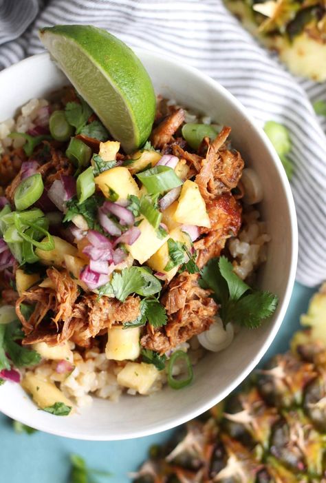 Pulled Pork Rice Bowl, Pork Rice Bowl Recipe, Pork Rice Bowls, Hawaiian Pulled Pork, Hawaiian Pork, Rice Bowl Recipe, Pineapple Pork, Rice Bowls Recipes, Pulled Pork Recipes