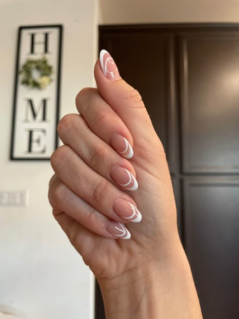 French Mani With Accent Nail, Round Double French Tip Nails, Double Layered French Tip Nails, White Double Line French Nails, Double Line French Manicure, Double Layer French Tip Nails, Short Almond Clear Nails, Almond Nails Double French Tip, Short Double French Nails