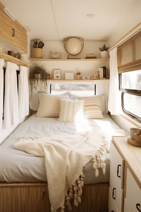 Discover inspiring ideas to make your recreational vehicle's bedroom area stand out, with decorative accents and clever storage solutions that optimize space utilization. Transform your on-the-go sanctuary into a cozy haven that reflects your personal style and meets all your travel needs. Tiny Living Ideas, Caravan Bedding, Camper Bedroom Ideas, Camper Interior Remodel, Rv Bedroom Ideas, Camper Bedroom, Small Travel Trailer Remodel, Caravan Interior Makeover, Small Camper Interior