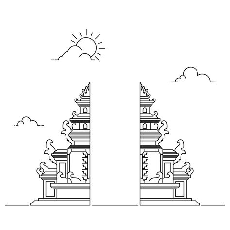 Simple Line Hindu Temple Gate Background Illustration Bali Temple Illustration, Hindu Temple Illustration, Bali Drawing Art, Bali Illustration Art, Bali Temple Tattoo, Temple Doodle, Bali Drawing, Indonesian Temple, Bali Illustration