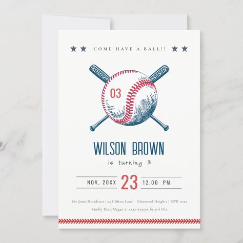 Cute Navy Red Baseball Bat Star Kids Birthday Invitation | #baseball #rookie #cute #rednavyblue #modernelegant #simpleminimal #kidsbirthday #sports #star #comehaveaball Baseball Birthday Party Invitations, Baseball Birthday Invitations, Sports Birthday Invitations, Star Theme, Kids Birthday Invitation, Sports Birthday Party, Baseball Birthday Party, Star Kids, Baseball Birthday