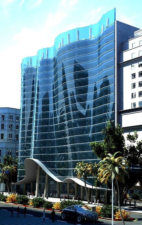 Wave Inspired Architecture, Curved Glass Facade, Glass Building Architecture, Get Some, Outdoor Architecture, Great Architecture, Glass Facade, Glass Building, Full Of