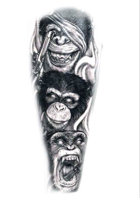 Cool Monkey Tattoo, 3 Wise Monkeys Tattoo Design, See No Evil Speak No Evil Tattoo Monkeys, See No Evil Monkey Tattoo, Ape Tattoo Design, Three Monkeys Tattoo, Ape Tattoos For Men, Anonymous Tattoo, Monkey Tattoo