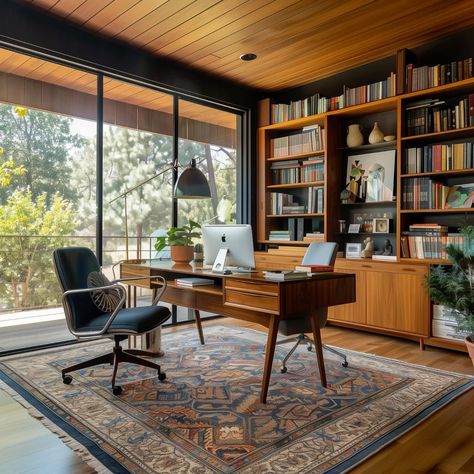 Explore sleek and functional mid-century modern home office designs. Think clean lines, natural wood, and retro vibes to elevate your workspace. ✨ #MidCenturyModern #HomeOfficeGoals #RetroDesign #WorkspaceInspo #InteriorDesignIdeas Office Design Mid Century Modern, Study Room Mid Century, Mad Men Inspired Office, Mid Century Home Office Design, Mid-century Home Office, Mid Century Modern Home Office Design, Mid Century Home Library, Mid Century Modern Study Room, Midcentury Modern Office Ideas