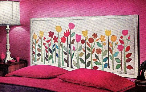 Crochet Inspiration ~crochet floral motifs, leaves and stems...apply onto a stretched piece of canvas and create a festive headboard Upcycle Headboard, Headboard Alternative, Creative Headboard, Headboard Projects, Diy Headboards, Diy Headboard, White Bedding, Kids' Room, Vintage Wall Art