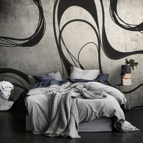 Black Mural, Monochrome Interior Design, Wall Drawings, House Wall Design, Wall Murals Diy, Monochrome Interior, Modern Monochrome, Apartment Living Room Design, Mural Design