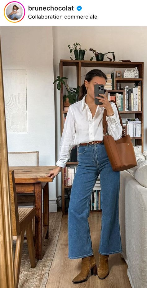 Fall Work Outfits Boots, Fall Mom Fashion 2024, Fall 2024 Brunch Outfit, Winter Blouse Outfit, Autumn Bbq Outfit, Sunday Autumn Outfit, Neutral Autumn Outfit, Dramatic Casual Style, Wide Leg Jeans Outfit Cropped