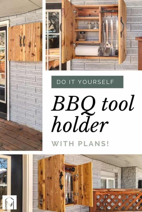 Barbeque Utensil Storage, Bbq Tool Holder Diy, Outdoor Cooking Storage Ideas, Outdoor Grill Storage Ideas, Bbq Wall Storage, Grill Utensil Storage Outdoor, Bbq Cabinet Ideas, Grill Storage Cabinet, Outdoor Bbq Utensil Storage Ideas