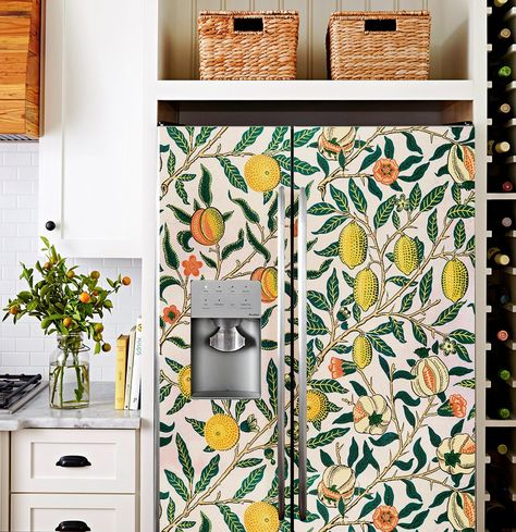 Refrigerator Wrap Vintage William Morris Lemons Retro Fridge - Etsy Australia Kitchen Cabinets With Decals, Refrigerator Diy Makeover, Eclectic Cottage Decor Living Room, Peel And Stick Refrigerator, Vinyl Wrap Fridge Diy, Peel And Stick Wallpaper Fridge, Fridge Wraps Vinyl Ideas, Vinyl Fridge Wrap, Vinyl Refrigerator Wrap