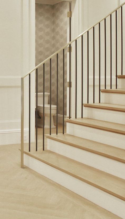 brass handrail Brass Stair Railing, Brass Handrail, Railings For Stairs, Handrail Stairs, Stair Railing, Carpet Runner, Railing, Basement, Stairs