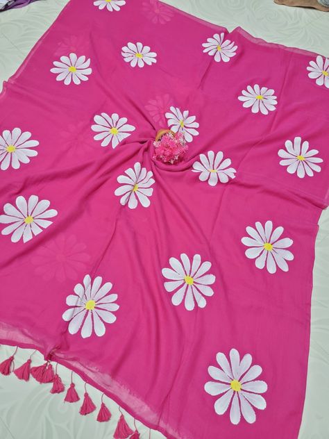 Buttery soft 💯 authentic mul mul cotton hand-painted sunflower saree Pink Sunflowers, Sunflower, Saree, Hand Painted, Pink