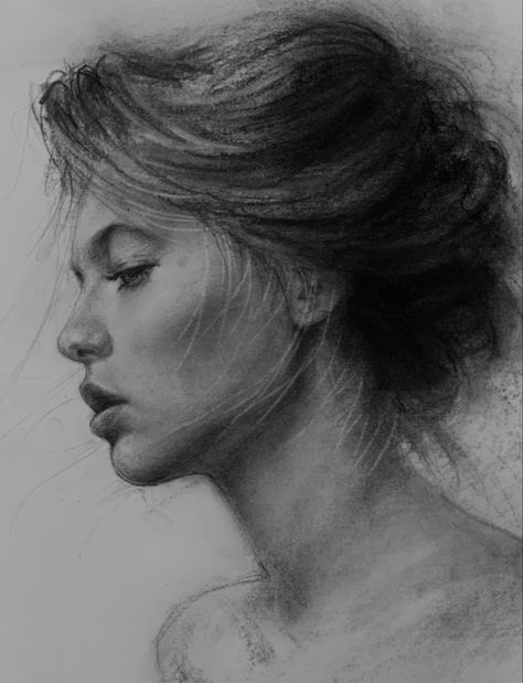 Charcoal Hair Drawing, Kisoo Chai, Sketches Random, Charcole Drawings, Contemporary Landscape Painting, Charcoal Portraits, Charcoal Art, Figure Sketching, Art Diary