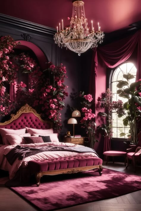 Immerse yourself in the opulence of this dark moody romantic bedroom, where walls whisper tales of grandeur. The rich burgundy walls, adorned with an elegant arch, set the stage for a plush tufted bed, cascading flora, and a spellbinding chandelier. The play of dark tones and sumptuous fabrics creates a sanctuary of love and romance. A perfect retreat that merges timeless elegance with luxurious comfort. Vampire Bedroom, Red Room Decor, Dark Vampire, Feminine Bedroom, Dream Bedrooms, Bed Design Modern, Pink Bedrooms, Bedroom Red, Dark Home Decor