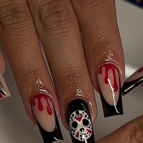 Friday 13th Nails Designs, Friday The 13 Nail Art, Jason Voorhees Nail Art, Friday The 13th Nail Designs, Friday The 13th Nails Acrylic, Friday 13 Nails, Friday 13th Nails, Jason Nail Art, Friday The 13 Nails