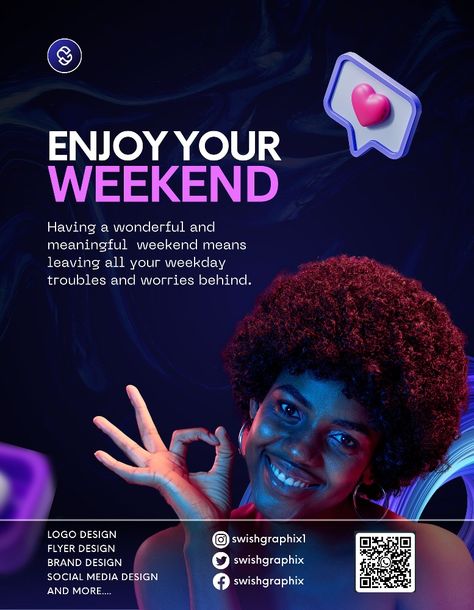 Having a wonderful and meaningful weekend means leaving all your weekday troubles and worries behind." Enjoy your weekend fam💜🤍 Follow us for more content: @swishgraphix @swishgraphix#weekend #weekendvibes #enjoy #vibes #graphicdesign #graphicdesigner #contentcreator #illustration #love #instagood #fashion #photooftheday #photography #art #beautiful #nature #picoftheday #happy #follow Weekend Social Media Design, Animal Pictures For Kids, Illustration Love, Enjoy Your Weekend, Social Media Design Inspiration, Take Control, Weekend Vibes, Art Beautiful, Photography Art