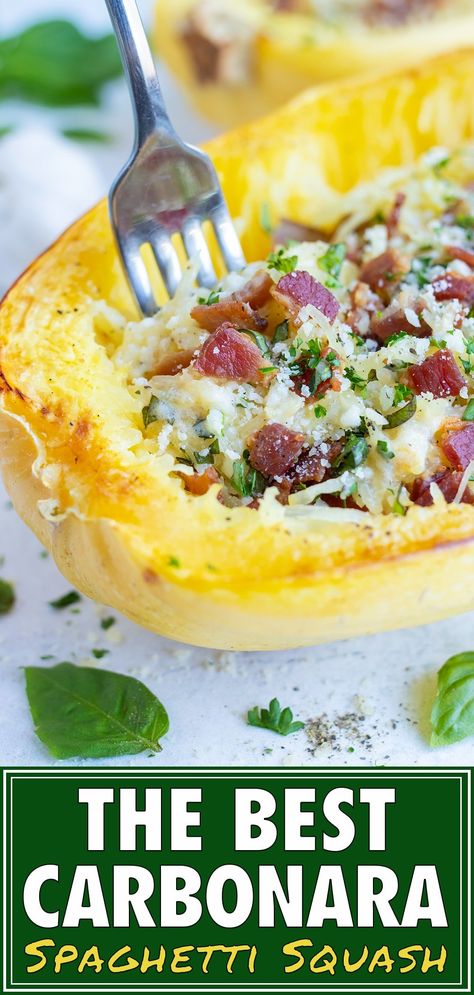 Roasted Spaghetti Squash is filled with a creamy Carbonara egg-based sauce, Parmesan cheese, and then topped with crispy bacon and fresh basil. You won't even miss the pasta in this easy, low-carb, and keto-diet friendly recipe. Meal prep this healthy Italian dish for busy weeknights and have it ready to enjoy for dinner or lunch! #carbonara #spaghettisquash #squash #lowcarb #keto Healthy Dinner Party Recipes, Spaghetti Squash Carbonara, Squash Carbonara, Creamy Carbonara, Spaghetti Squash Recipes Easy, Roasted Spaghetti Squash, Cooking Spaghetti, Garlic Steak, Baked Spaghetti Squash