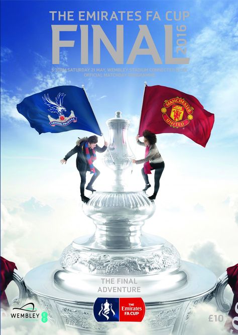 The 2016 FA Cup Final is the 135th final of the FA Cup, the world’s oldest football cup competition. It will be televised in the UK on BBC One and BT Sport, as well as worldwide by FA partners. The match will be contested between Manchester United and Crystal Palace in a repeat of the 1990 FA Cup Final. The FA confirmed on 28 April that Mark Clattenburg, from Consett, County Durham, will be the referee for the match. Crystal Palace Fc, Football Cups, Manchester United Players, English Football League, Fa Cup Final, Euro 2016, Football Program, Football Poster, Republic Of Ireland