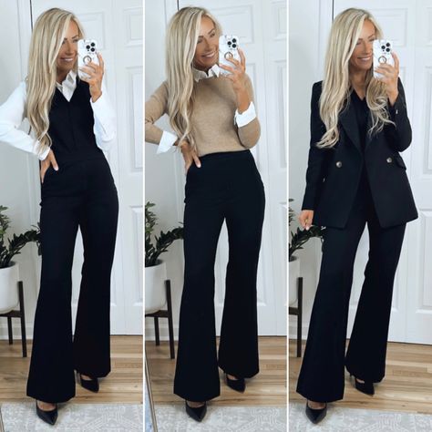 How To Style Business Pants, Business Power Outfits, Flare Pant Work Outfit, Business Casual Gala Outfit, Women In Sales Outfits, Professional Boots For Work, Flare Business Pants Outfit, Business Casual Outfits Flare Pants, Professional Jumpsuit Work Outfits