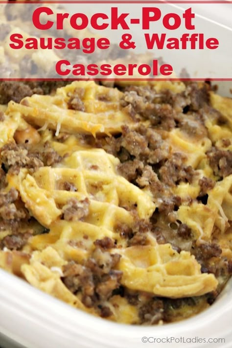 Crock-Pot Waffle and Sausage Casserole - Perfect for brunch or breakfast this recipe for Crock-Pot Waffle and Sausage Casserole combines frozen waffles, sausage, eggs & cheese for a easy recipe! #CrockPotLadies #CrockPot #SlowCooker #Casserole #BreakfastCasserole Breakfast Casserole No Meat, Sausage Casserole Recipes, Sausage Crockpot, Crockpot Breakfast Casserole, Breakfast Crockpot Recipes, Frozen Waffles, Sausage Casserole, Crockpot Breakfast, Brunch Recipe