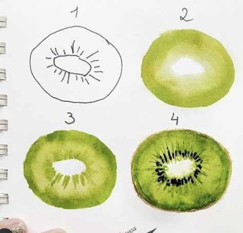 Fruit Watercolor Painting Easy, Easy Food Paintings, Drawing Ideas Watercolor Easy, Fruit Sketch Drawing, Fruits Drawing Easy, Painting Ideas Fruit, Watercolor Inspo Easy, Kiwi Watercolor, Easy Pottery Painting