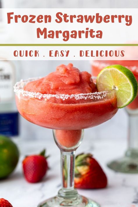 This Strawberry Frozen Margarita comes together quickly all in one blender and is perfect for serving a crowd! So simple and delicious! Frozen Alcoholic Drinks Recipes, Margarita Machine Recipes, Frozen Strawberry Margarita, Strawberry Margarita Recipe, Desserts Summer, Frozen Margarita, Frozen Cocktail Recipes, Frozen Strawberry, Frozen Margaritas