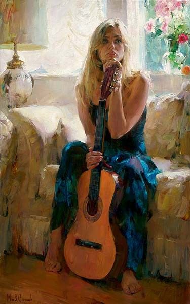 M & I Garmash ARTISTE | Fine Art Collection d'oeuvre à Vendre Painting Of A Woman, Guitar Painting, Painted Ladies, Musical Art, Foto Art, Woman Painting, Art Plastique, Tandem, College Art