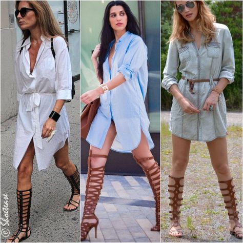 How to Wear Gladiator Sandals Shirt Dress                                                                                                                                                                                 More Gladiator Heels Outfit, Dress With Gladiator Sandals, Gladiator Sandals Outfit, Tall Gladiator Sandals, Gladiator Boots, Black Gladiator Sandals, Heels Outfits, Sandals Outfit, Cute Fall Outfits