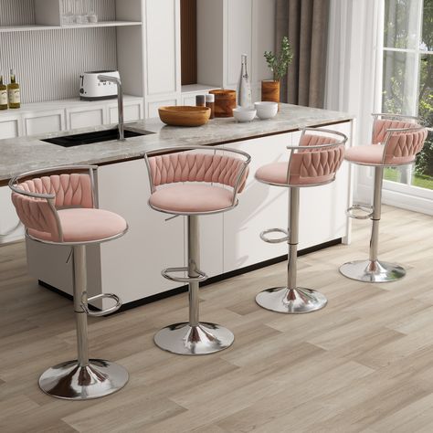 Add a touch of elegance and modernity to your home with this Set of 4 Bar Stool Adjustable Swivel with Gold Frame. Pink Bar Stools Kitchen, Pink Bar Stools, Bar Stools Kitchen, Island Chairs, Pink Bar, Ideal Kitchen, Bar Stools With Backs, Stools With Backs, Pink Kitchen