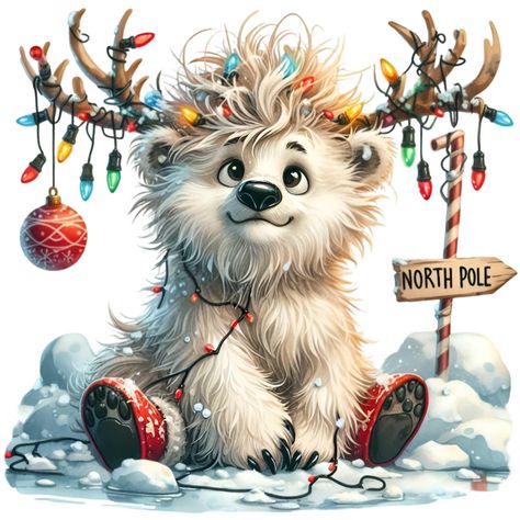 Polar Bear Diy Decoration, Christmas Polar Bear Illustration, Christmas Png Designs, Christmas Animals Illustration, Cute Winter Illustration, Cute Christmas Pictures, Illustration Bear, North Pole Sign, Christmas Polar Bear