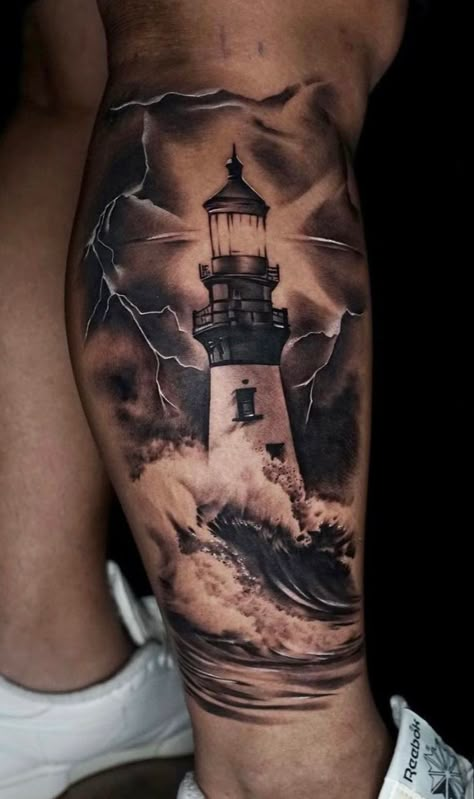 Lighthouse Sleeve Tattoo, Mens Lighthouse Tattoo Sleeve, Lighthouse Ankle Tattoo, Lighthouse Tattoo Men Leg, Lighthouse Storm Tattoo, Lighthouse Tattoo Men, Lighthouse On Cliff Tattoo, Storm Tattoo, Lighthouse Storm