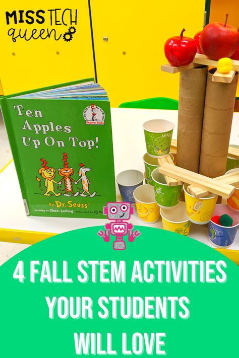 Fall is filled with so much fun with crisp weather, pumpkins, apples and autumn holidays, but it an also be a busy time of year. Take the guesswork out of planning and prepping your fall-themed STEM activities with these 4 hands-on projects! These fall STEM activities are perfect for your Kindergarten, 1st and 2nd grade classrooms. With fun, fall-themed activities that include apple stack balance, digital Fall STEM bundle, and Thanksgiving activities, your students are sure to love it! Preschool Stem Activities With Books, Fall Classroom Activities 1st Grade, September Stem Activities Elementary, Apple Stem Activities Kindergarten, Fall Activities Classroom, September Stem Activities, Simple Stem Activities Elementary, Prek Stem Activities, 1st Grade Stem Activities