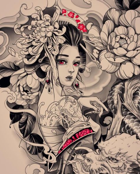 Tato Geisha, Japanese Geisha Tattoo, Geisha Tattoos, Geisha Tattoo Design, Tato Tradisional, Samurai Tattoo Design, Geisha Tattoo, Japanese Dragon Tattoos, Japan Tattoo Design