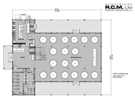 5620 Wedding Barn - RCM Cad Design Drafting Ltd. Venue Layout Design, Banquet Hall Design Plan, Wedding Dining Hall, Event Hall Plan, Wedding Hall Plan Architecture, Event Center Floor Plans Wedding Venues, Wedding Salon Design, Banquet Hall Plan Layout Design, Function Hall Floor Plan