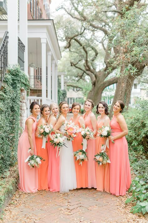 Bright Coral Wedding at Savannah Yacht Club — A Lowcountry Wedding Blog & Magazine - Charleston, Savannah, Hilton Head, Myrtle Beach Coral Braidsmaid Dresses, Peach Ombre Bridesmaid Dresses, Coral Orange Wedding Theme, Coral Maid Of Honor Dress, Orange And Coral Wedding, Pink And Coral Bridesmaid Dresses, Bridesmaid Dresses Orange Coral, Pink Coral Bridesmaid Dresses, Peach And Pink Bridesmaid Dresses