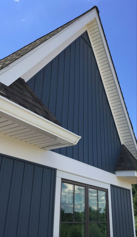 Navy Blue Vertical Siding, Blue Metal Siding House, Vertical Vinyl Siding Board And Batten, Blue Vertical Siding, White Trim Black Windows, Hardy Siding, Brownstone Exterior, Blue Siding House, White Siding Exterior