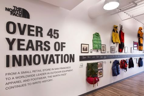 "Over 125 Years of Innovation" text with products and dates displayed one wall Timeline Wall, Office Wall Graphics, Office Graphics, Culture Wall, Logos Photography, Office Wall Design, Company History, History Wall, Timeline Design