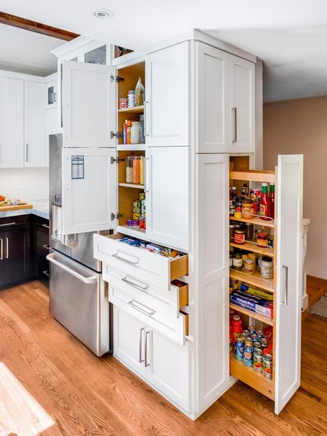 Contemporary Kitchen Storage and Pullout Pantry Pullout Pantry Cabinet, Pullout Pantry Organization, Hall Closet Organization, Easy Garage Storage, Clever Bathroom Storage, Kitchen Cabinet Organization Ideas, Perfect Pantry, Built In Pantry, Closet Hacks Organizing