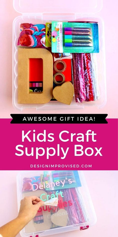 Make a personalized craft supply gift box for Christmas 2020! A great kids gift idea. Kids Craft Box Ideas, Group Gifts For Kids, Kids Craft Box Gift, Art Box For Kids, Craft Box For Kids, Diy Craft Kits For Kids, Kid Gift Ideas, Craft Gifts For Kids, Personalized Kids Gifts