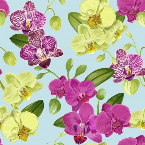 Orchid Illustration, Textile Wallpaper, Floral Textile, Flower Drawing Design, Orchid Flowers, Fabric Textile, Flowers Design, Tropical Pattern, Different Flowers